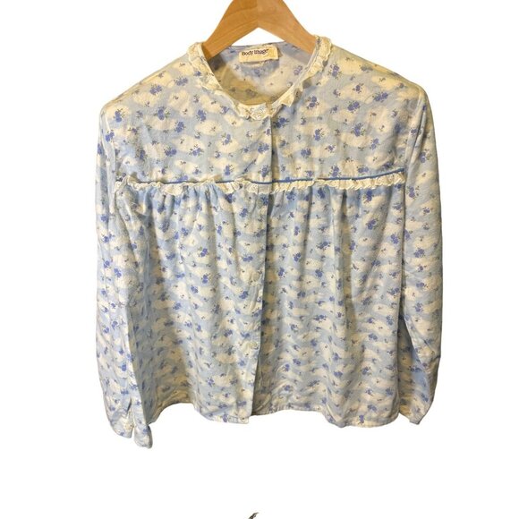 VINTAGE Body Image Blue Floral Print Long Sleeve Lace Collar Button Up PajamaTop - Picture 1 of 7